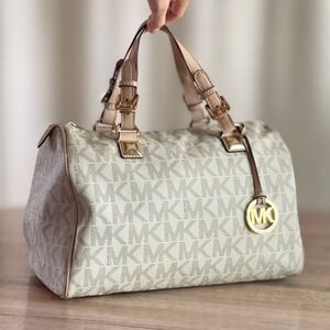 Michael Kors Grayson Large PVC Satchel Vanilla Monogram Handbag Gold Tone